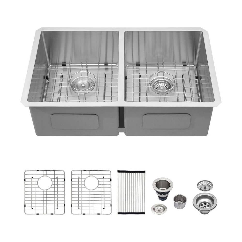 Logmey 33 in. Undermount Sink Double Bowl 50/50 Brushed 16