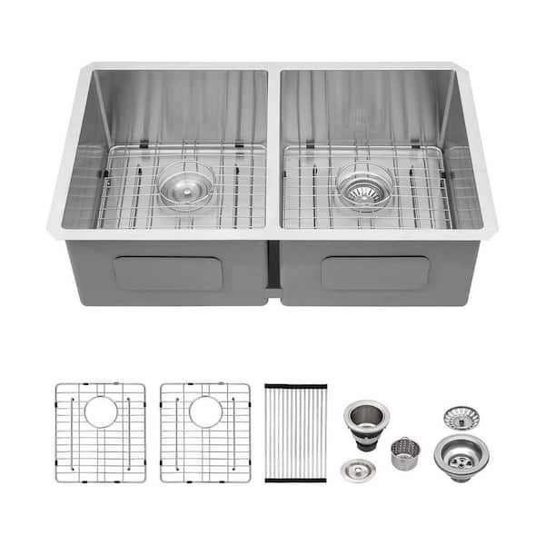 33 in. Undermount Sink Double Bowl 50/50 Brushed 16-Gauge Stainless Steel Kitchen Sink with Bottom Grids