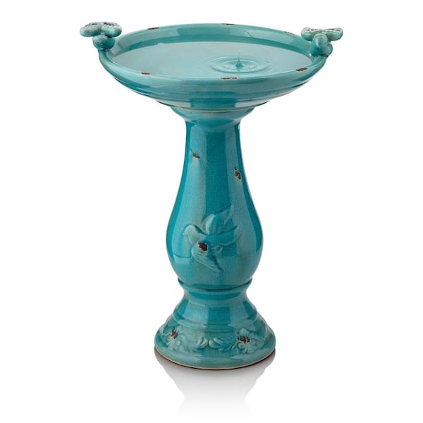 Alpine Corporation 24 in. Tall Outdoor Ceramic Antique Pedestal Birdbath with 2 Bird Figurines, Turquoise