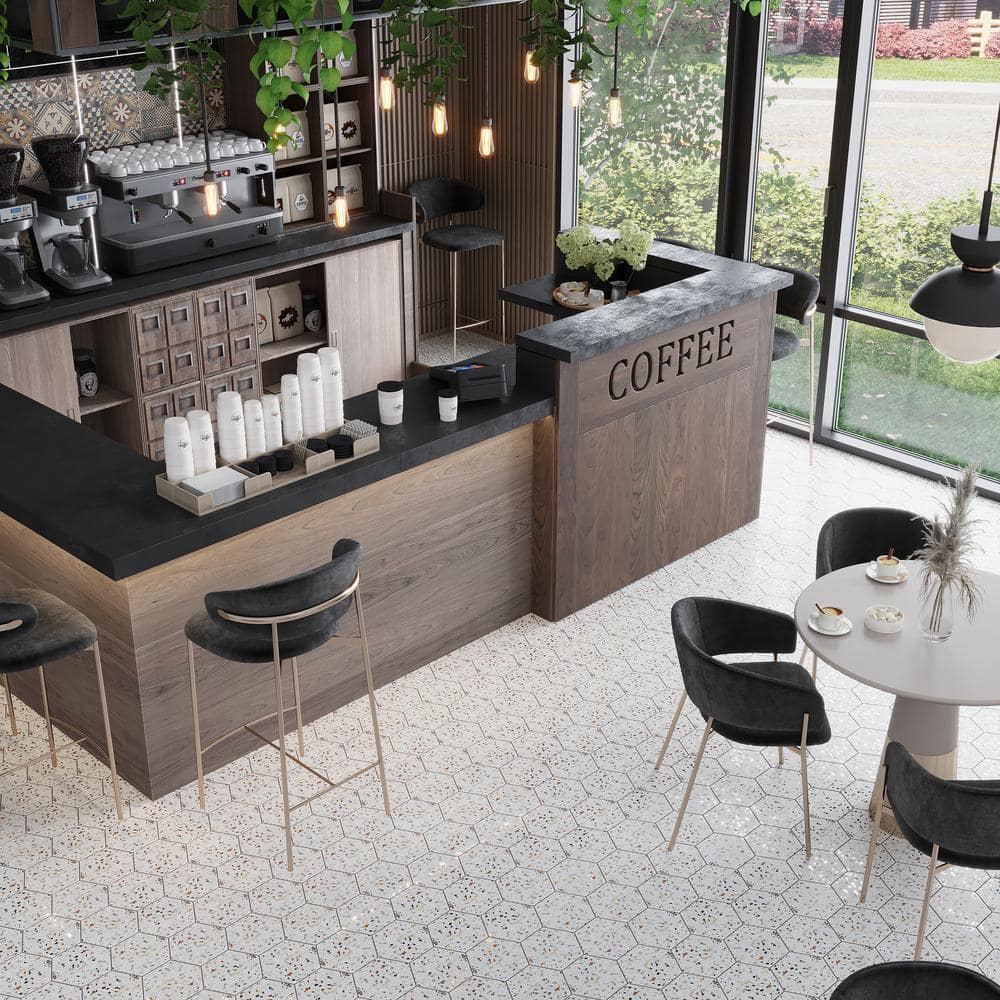 Terra Mia 8.1" x 9.25" Matte White and Multicolor Porcelain Hexagon Tile