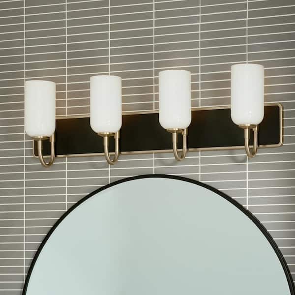 KICHLER Solia 32 in. 4-Light Champagne Bronze with Black Modern Bathroom Vanity Light with Opal Glass Shades