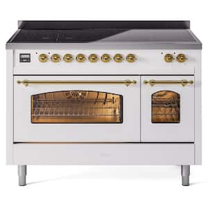 Nostalgie 48 in. 6 Zone Freestanding Double Oven Induction Range in White with Brass Trim