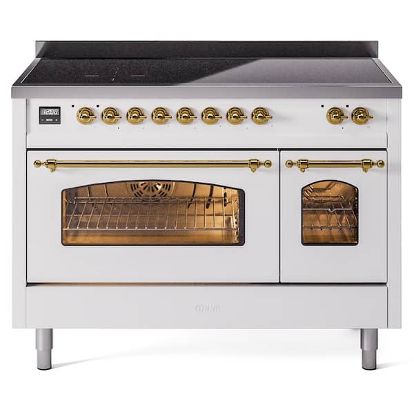 ILVE Nostalgie 48 in. 6 Zone Freestanding Double Oven Induction Range in White with Brass Trim