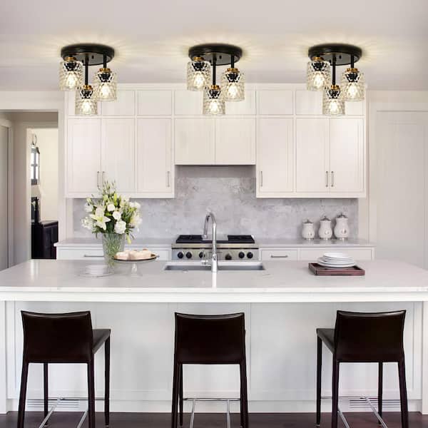 BeamHaven Modern Vintage 3-Light Semi-Flush Mount, 11.02 Inch Black Finish with Pineapple Glass Shade for Living Room