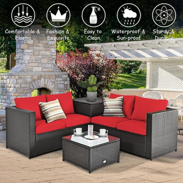 4-Piece Outdoor Wicker Patio Conversation Set with Red Cushions and Storage Box