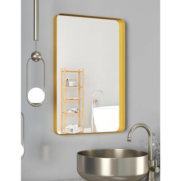 18 in. W x 28 in. H Small Rectangular Metal Framed Wall Bathroom Vanity  Mirror in Gold