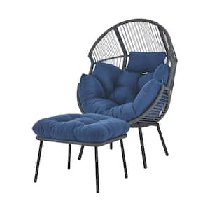35 in. W Oversized Gray Wicker Egg Chair Patio Egg Lounge Chair with Blue Cushions and Ottomans