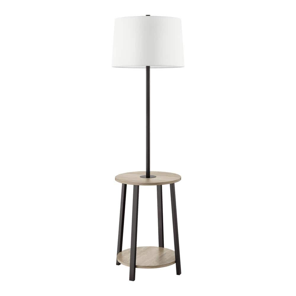 Hampton Bay Fairford 615 In Faux Wood And Matte Black Standard End Table Floor Lamp With White 1343