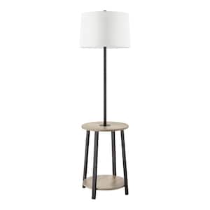 Fairford 61.5 in. Faux Wood and Matte Black Standard End Table Floor Lamp with White Fabric Shade