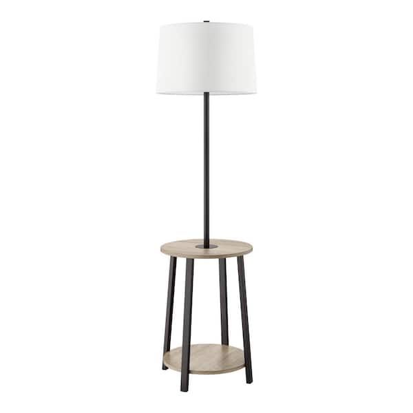 Hampton Bay Fairford 61.5 in. Faux Wood and Matte Black Standard End Table Floor Lamp with White Fabric Shade