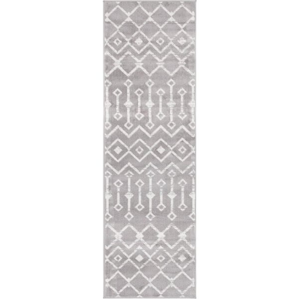 Moroccan Trellis Collection Area Rug - Mamounia (2 ft. 6 in. x 8 ft. 2 in. Runner Light Gray/Ivory)