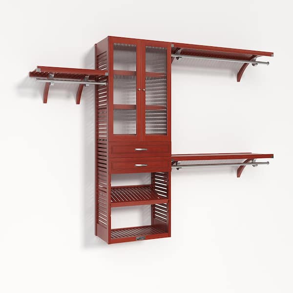John Louis Home 72 in. W - 120 in. W Red Mahogany Walk in with 2 Drawers and Glass Door 16 in. Shelf Wood Closet System