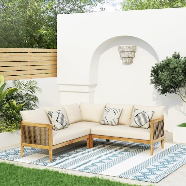 Rattler Teak 3-Piece Wood and Wicker Patio Conversation Set with Beige Cushions