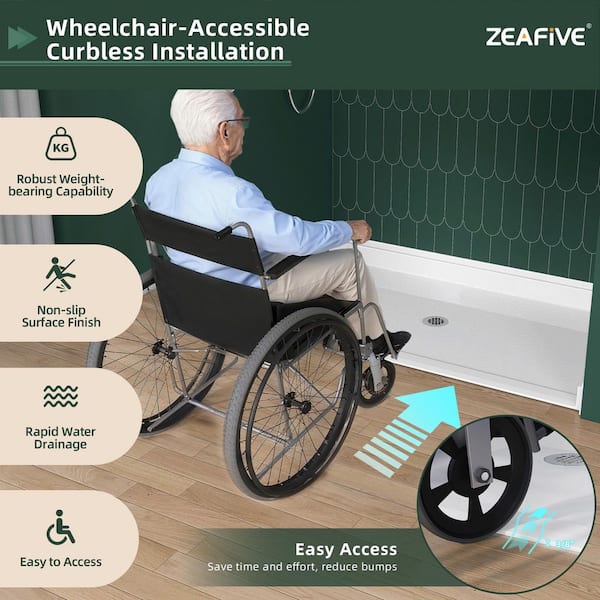 60 in. L x 36 in. W Alcove Acrylic ADA Shower Pan Base with Center Drain Low Profile Wheelchair Accessible in White