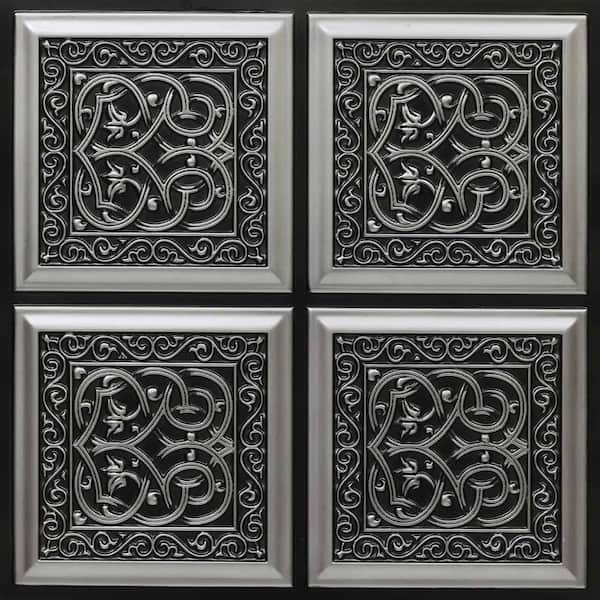 FROM PLAIN TO BEAUTIFUL IN HOURS Lover's Knot Antique Silver 2 ft. x 2 ft. PVC Glue-up Faux Tin Ceiling Tile (100 sq. ft./case)