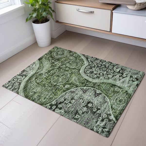 Mayfield Premium Machine Washable Abstract AMF1078 Olive 2 ft. x 3 ft. Area Rug