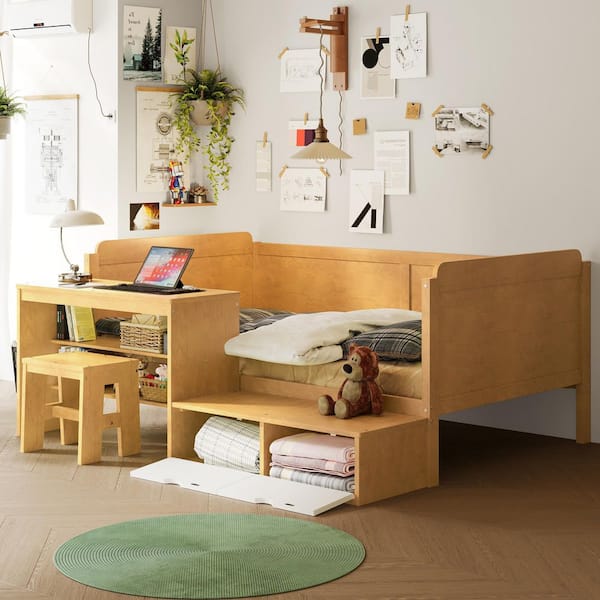 Natural Twin Daybed with Shelves, Lockers, Desk and Stool-Multi-Functional Bed, Solid Wood Frame with Organization