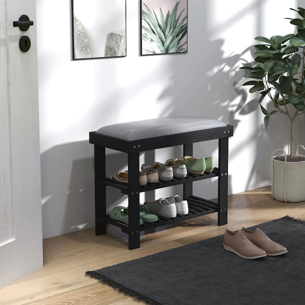 Bamboo 3-Tier Shoe Bench with Cushioned Seat, 23.6 in., Black