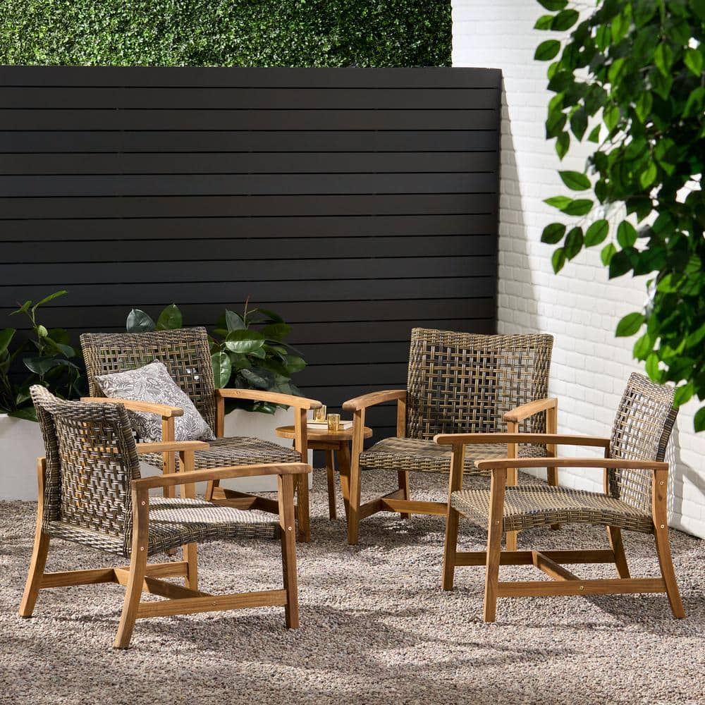 Gray and Natural Wicker and Wood Outdoor Club Chairs, Set of 4