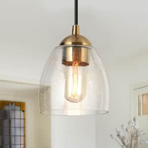 1-Light Brass Gold Mini Pendant Light, Seeded Glass Black Pendant Hanging Light, Modern Light Fixture for Kitchen Island