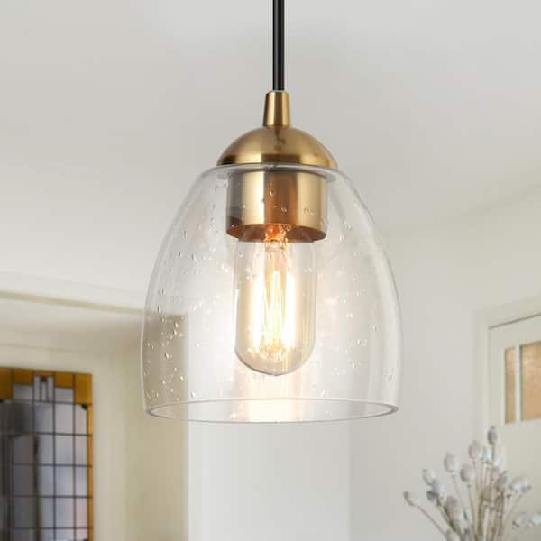 1-Light Brass Gold Mini Pendant Light, Seeded Glass Black Pendant Hanging Light, Modern Light Fixture for Kitchen Island