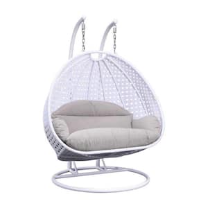 White Wicker Hanging 2-Person Porch Swing Egg Swing Chair With Taupe Cushions