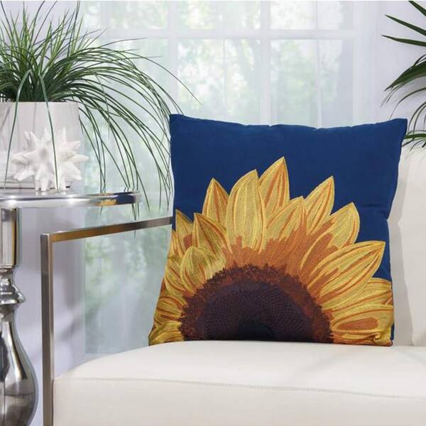 Mina Victory Embroidered Sunflower Navy Polyester Standard Throw Pillow