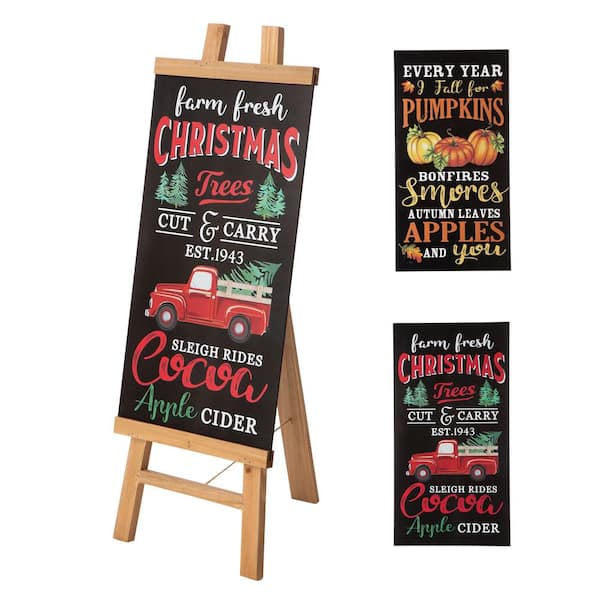 Glitzhome 13 in. L x 32 in. H Duble Sided Wooden Easel Porch Sign with Changable Sided Sign Board (Fall and Christmas)