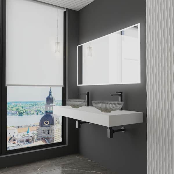 60 in. Wall Mounted Bathroom Countertop Shelf in White Solid Surface with 2 Gray Oval Glass Vessel Sink