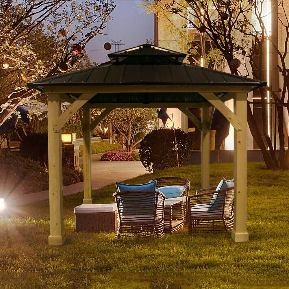 10'x10' Gray Steel Roof Solid Wood Frame Patio Gazebo