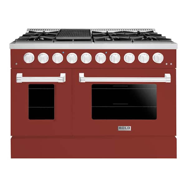 Hallman BOLD 48" 6.7CuFt 8 Burner Freestanding Double Oven Dual Fuel Range with Gas Stove and Electric Oven in Red/Orange Family