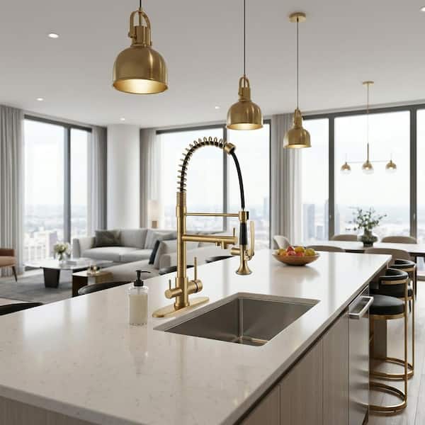 22.3 in. H Single Handle Pull Down Sprayer Kitchen Faucet with 360 Degree Spout Swivel and Pot Filler in Brushed Gold