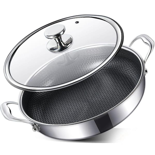 12 in. 316L Stainless Steel Hybrid Nonstick Frying Pan with Lid Two Handles PFOA Free Dishwasher Oven Safe