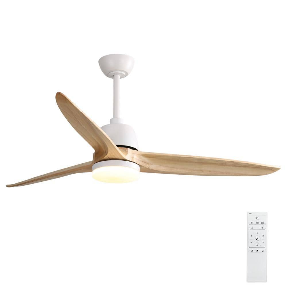 56 in. Indoor/Outdoor Wood Matte White Ceiling Fan with Lights Remote Control Dimmable Light Reversible DC Motor -  Sofucor, ZSKBKN220209017