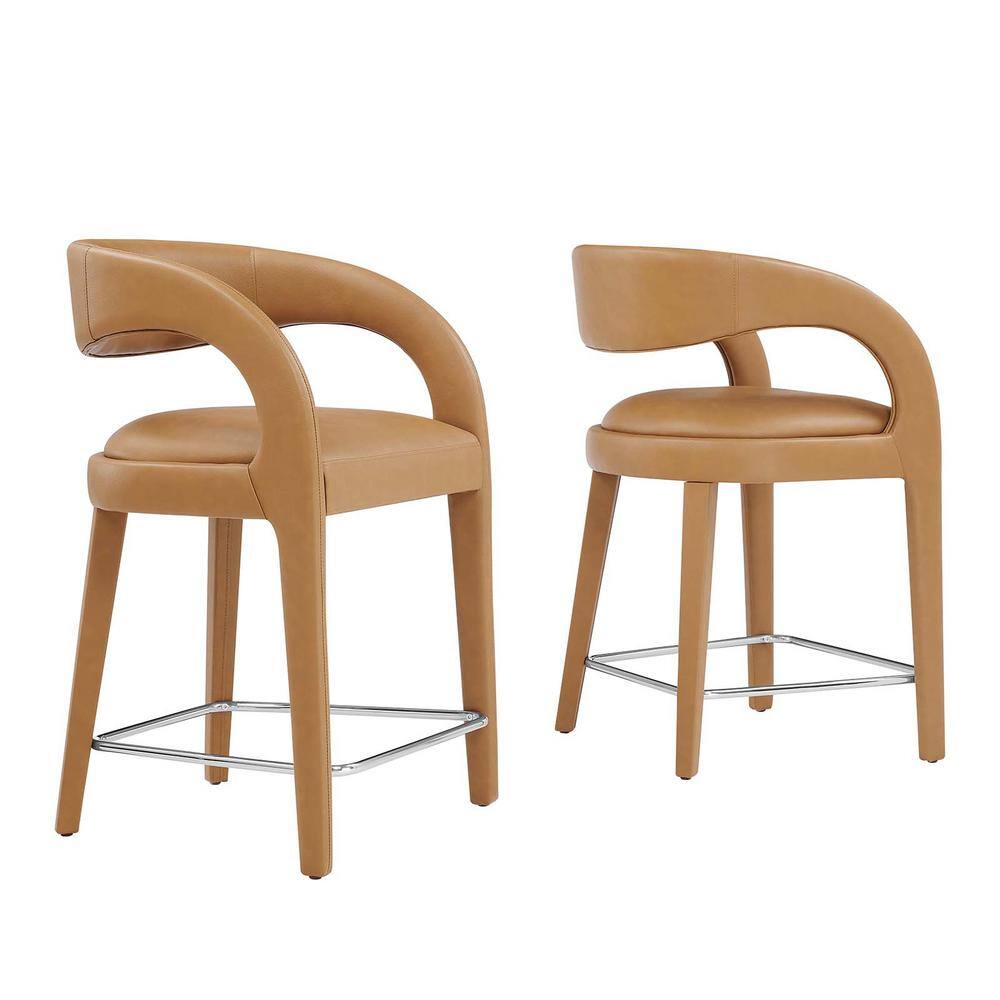 Tan Vegan Leather and Wood Counter Stool Set with Metal Footrest