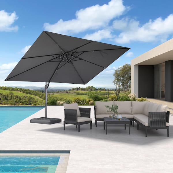 PURPLE LEAF 9 ft. x 11.5 ft. Outdoor Patio Cantilever Umbrella Aluminum 360° Rotation Umbrella with Base, Mist Gray