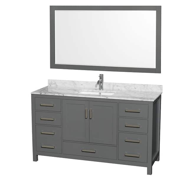 Wyndham Collection Sheffield 60 in. W x 22 in. D x 35 in. H Single Bath Vanity in Dark Gray with White Carrara Marble Top and 58" Mirror