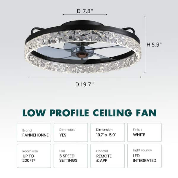 FANNEHONNE 19.6 in. Indoor Black Crystal Low Profile Ceiling Fan
