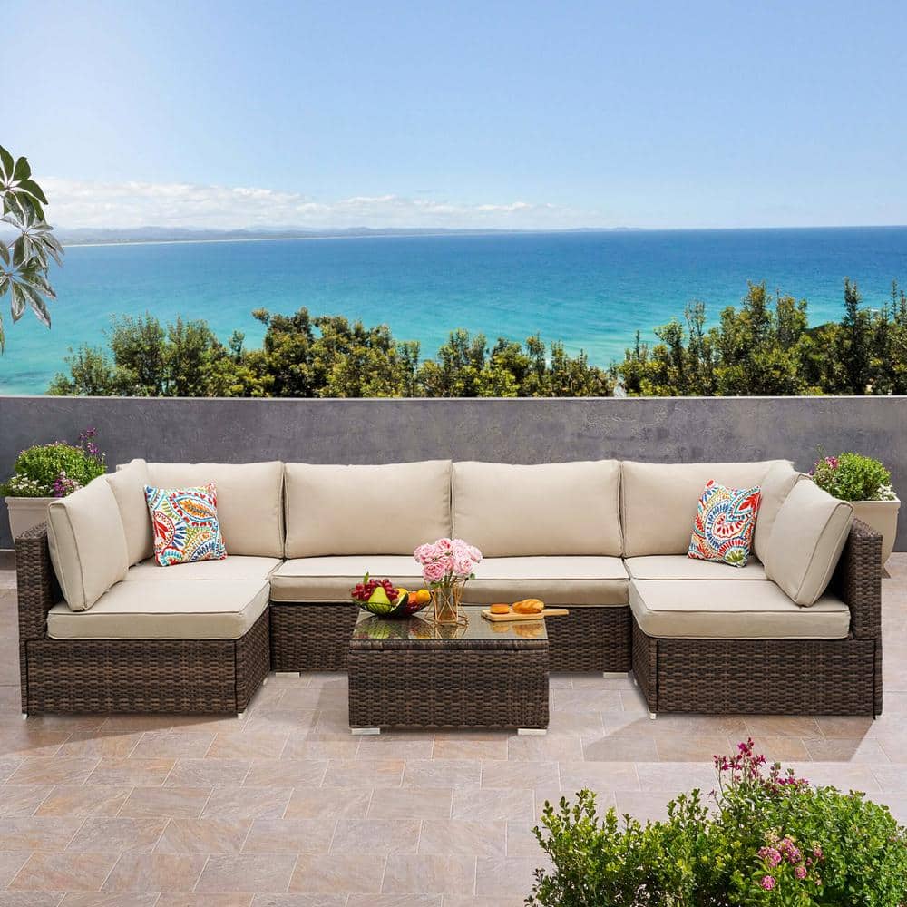 Comfortable Outdoor Wicker Patio Conversation Set with Beige Cushions, Dura