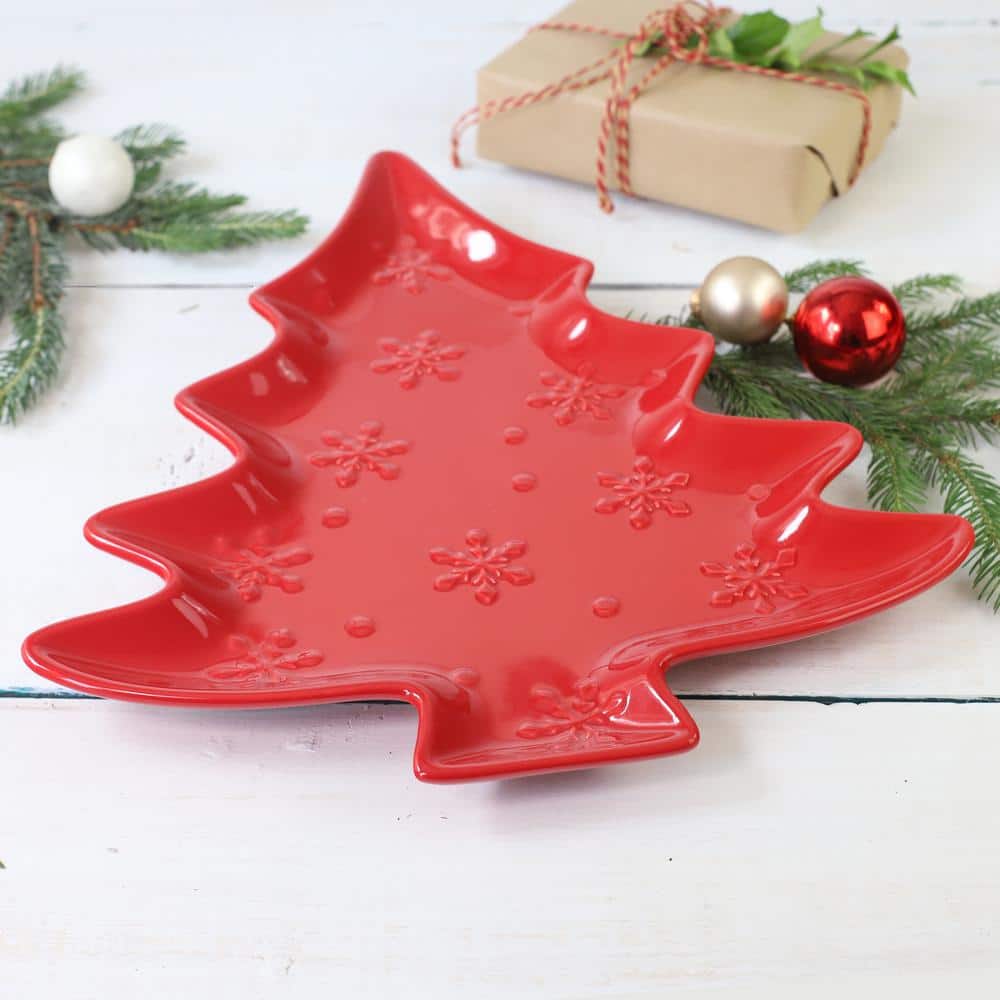 Red Ceramic Holiday Tree Shaped Platter