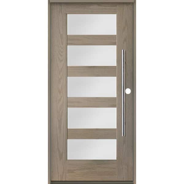 Krosswood Doors Modern Faux Pivot 36 in. x 80 in. 5 Lite Left-Hand/Inswing Satin Glass Oiled Leather Stain Fiberglass Prehung Front Door