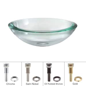 Edge Glass Vessel Sink in Clear with Pop-Up Drain and Mounting Ring in Chrome