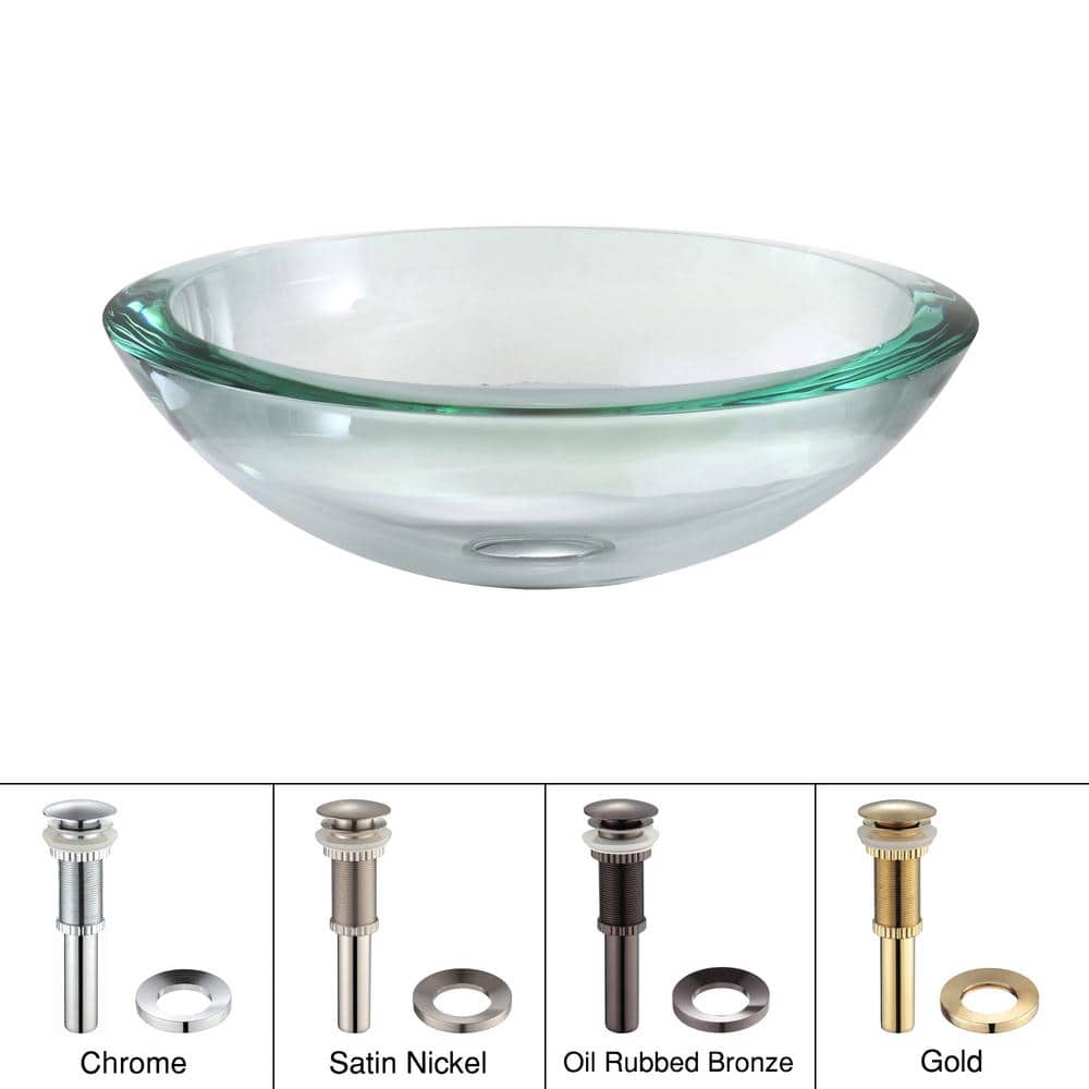 Clear Glass Round Vessel Sink with Chrome Pop-Up Drain
