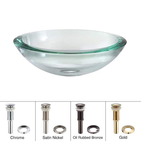 KRAUS Single-Tone 17 in. Round Vessel Bathroom Sink in Clear Glass with Pop-Up Drain and Mounting Ring in Chrome