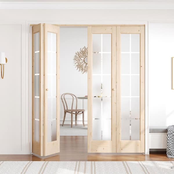72 in. x 80 in. 3/4 Lite Frosted Glass Preassembled Solid Core Wood Spruce Bi-fold Door with Hardware