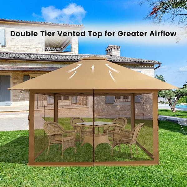 13 ft. x 13 ft. Khaki Pop-Up Instant Canopy Tent Mesh Sidewall UV50 Plus Adjust Outdoor Patio