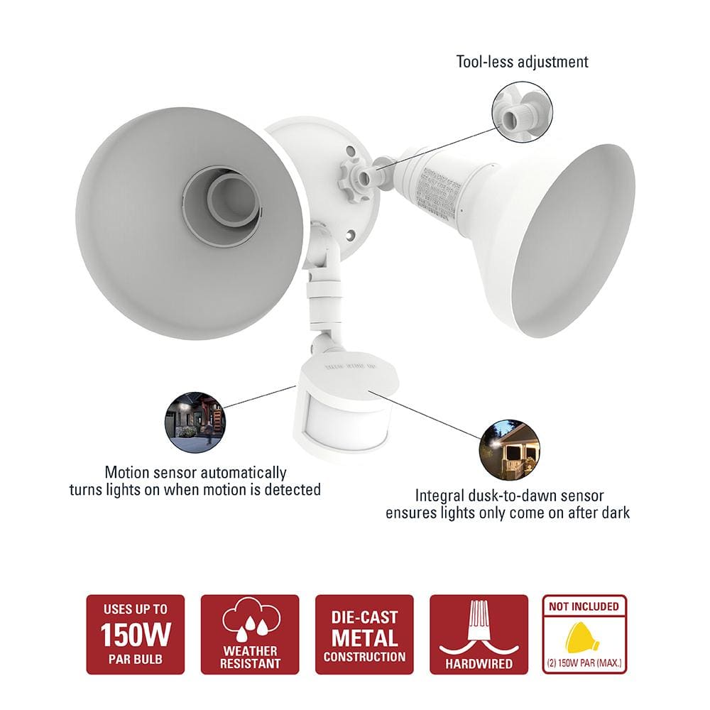 White Motion-Sensing Dual Bulb Outdoor Floodlight
