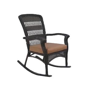 42 in. Dark Brown Resin Wicker Outdoor Rocking Chair with Brown Cushion