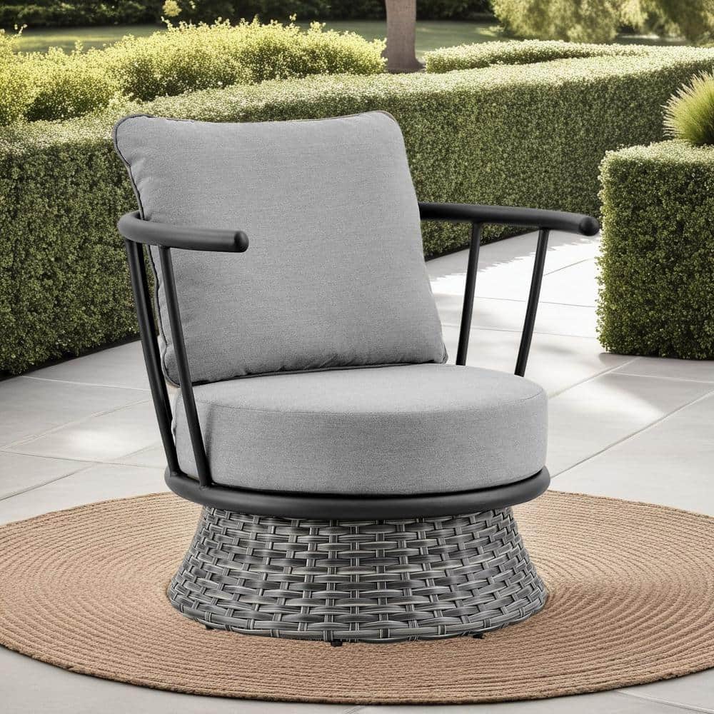 Giotto Black Aluminum and Wicker Outdoor Lounge Chair with Gray Cushions