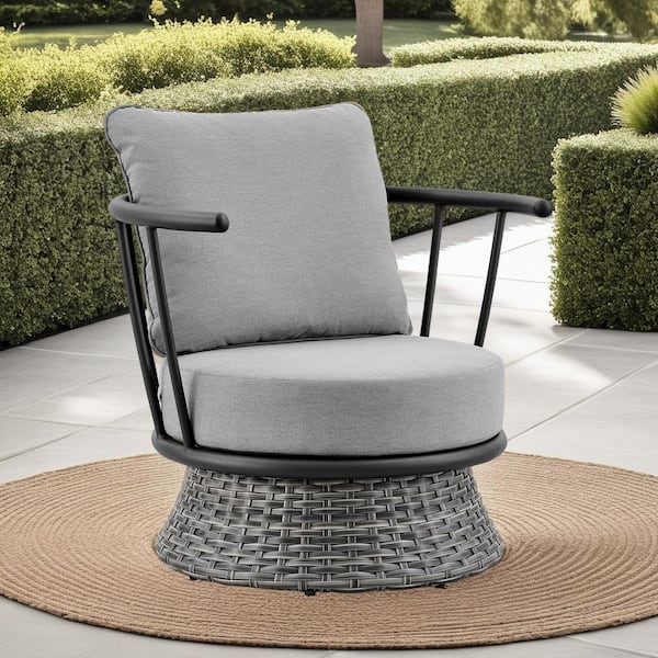 Armen Living Giotto Black Aluminum and Wicker Outdoor Lounge Chair with Dark Gray Cushion
